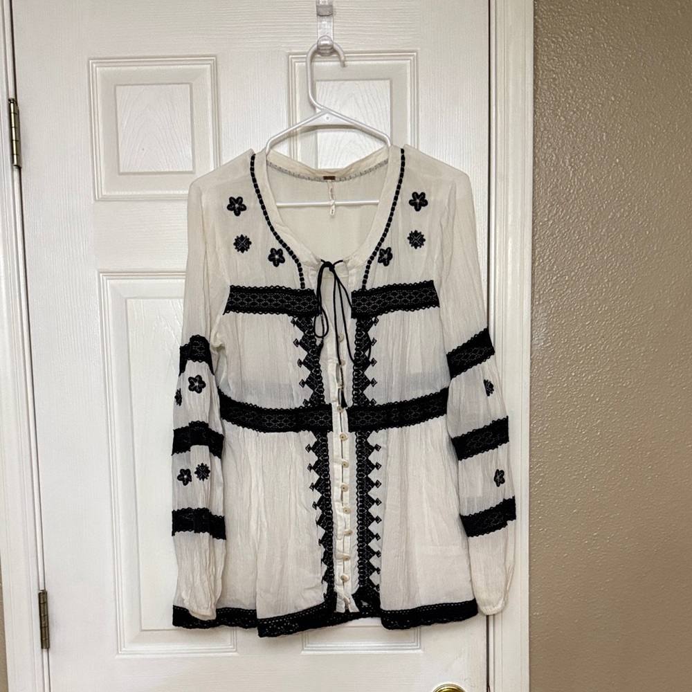 Free People Cream Tunic with Black Lace Trim
